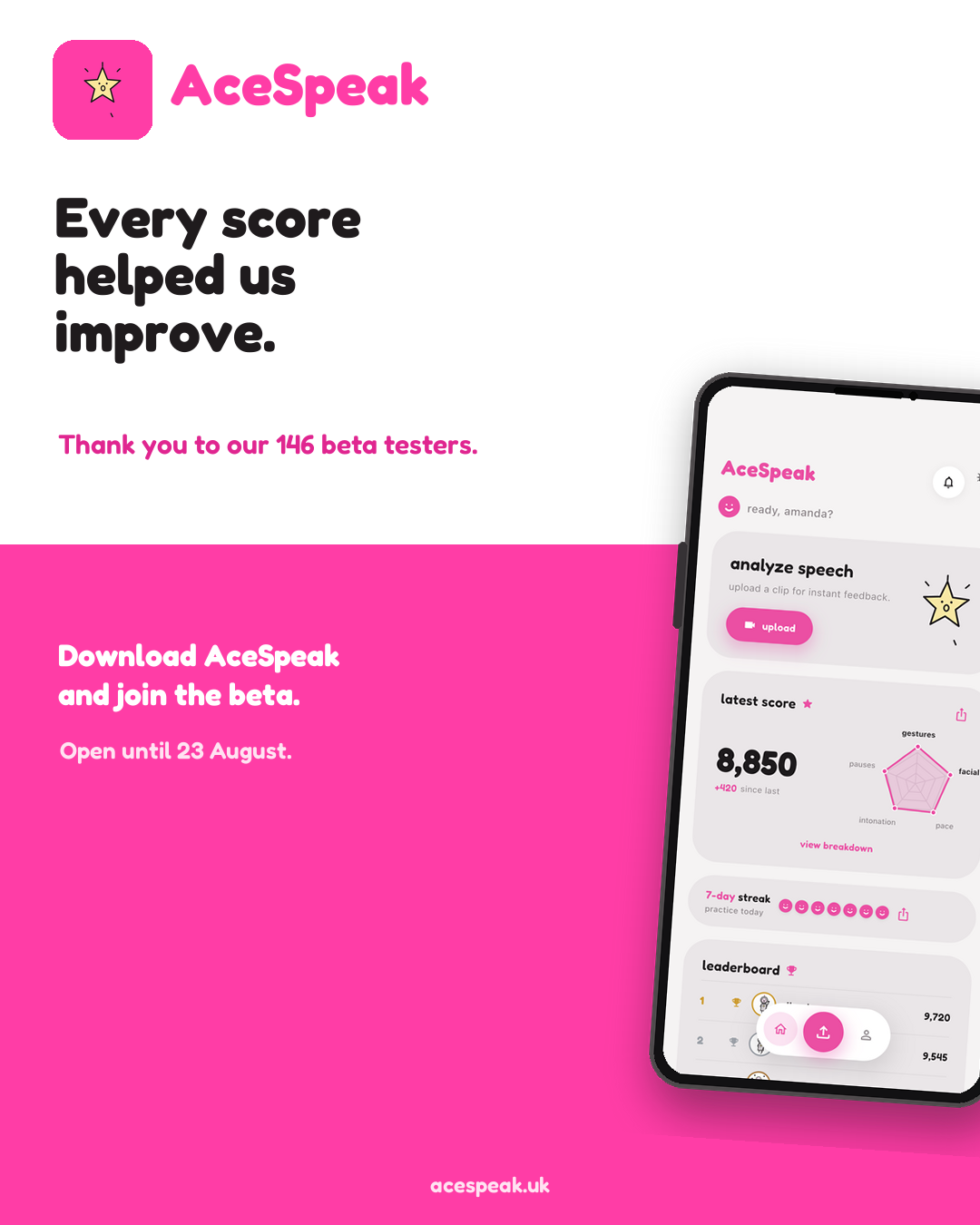 An AceSpeak graphic reading "every score helped us improve. thank you to our 146 beta testers," a phone showing the AceSpeak home screen, and "get AceSpeak and join the beta — open until 23 august."