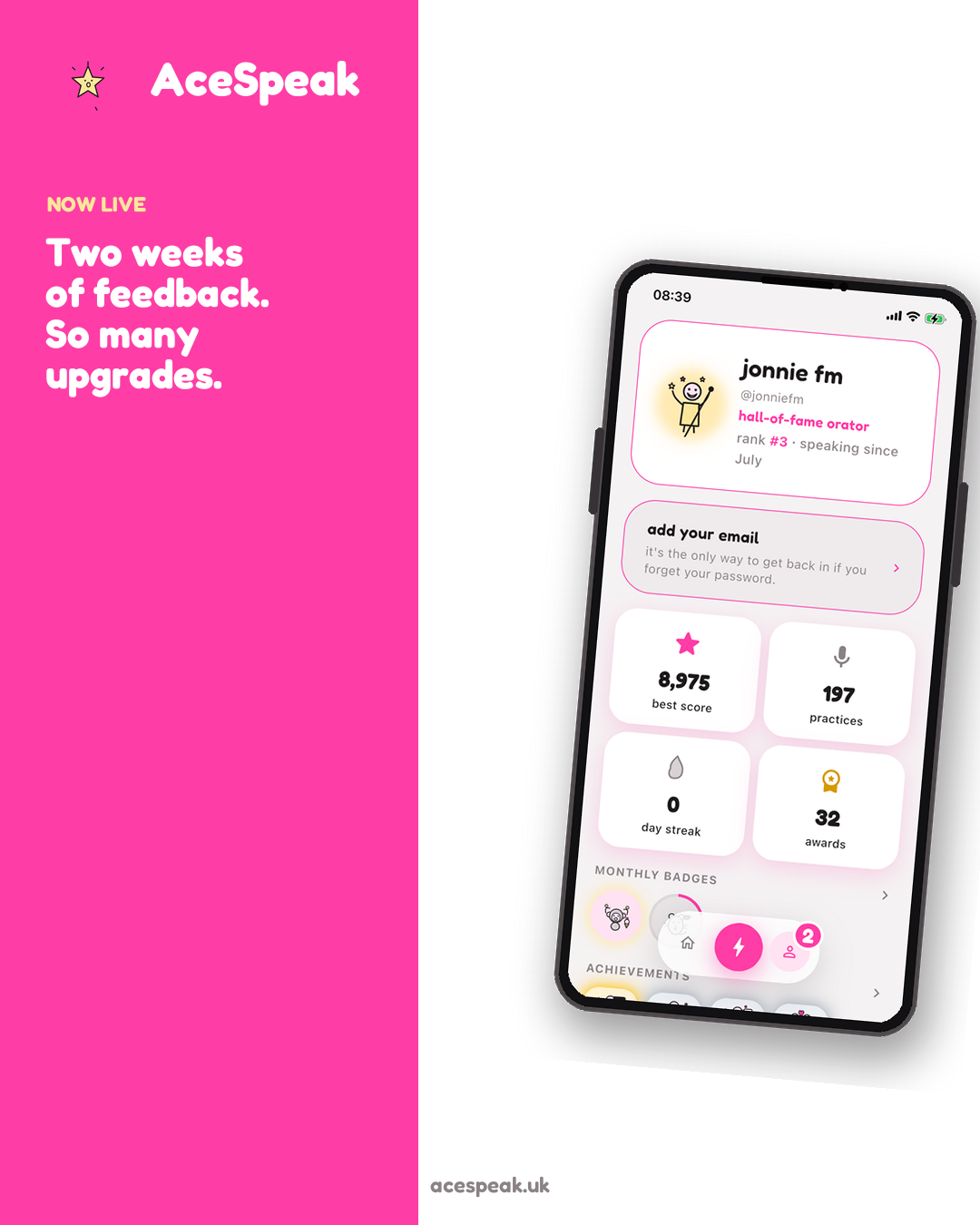 A split AceSpeak graphic: pink panel reading "two weeks of feedback. so many upgrades," beside a phone showing the profile screen.