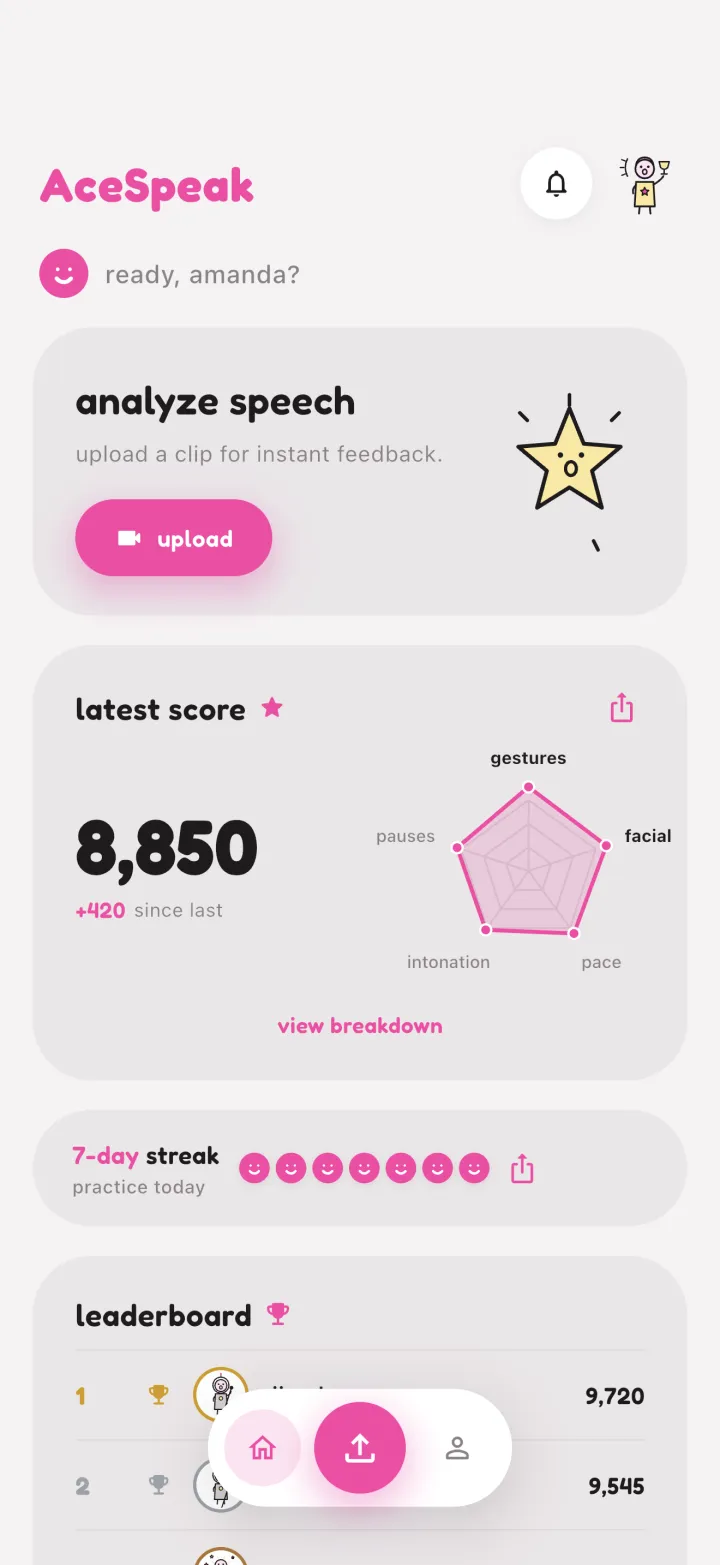 AceSpeak home screen with a start button to analyse a speech clip for instant feedback.
