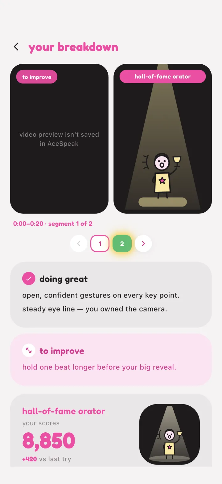 AceSpeak breakdown screen with segment-by-segment feedback on gestures and eye contact.