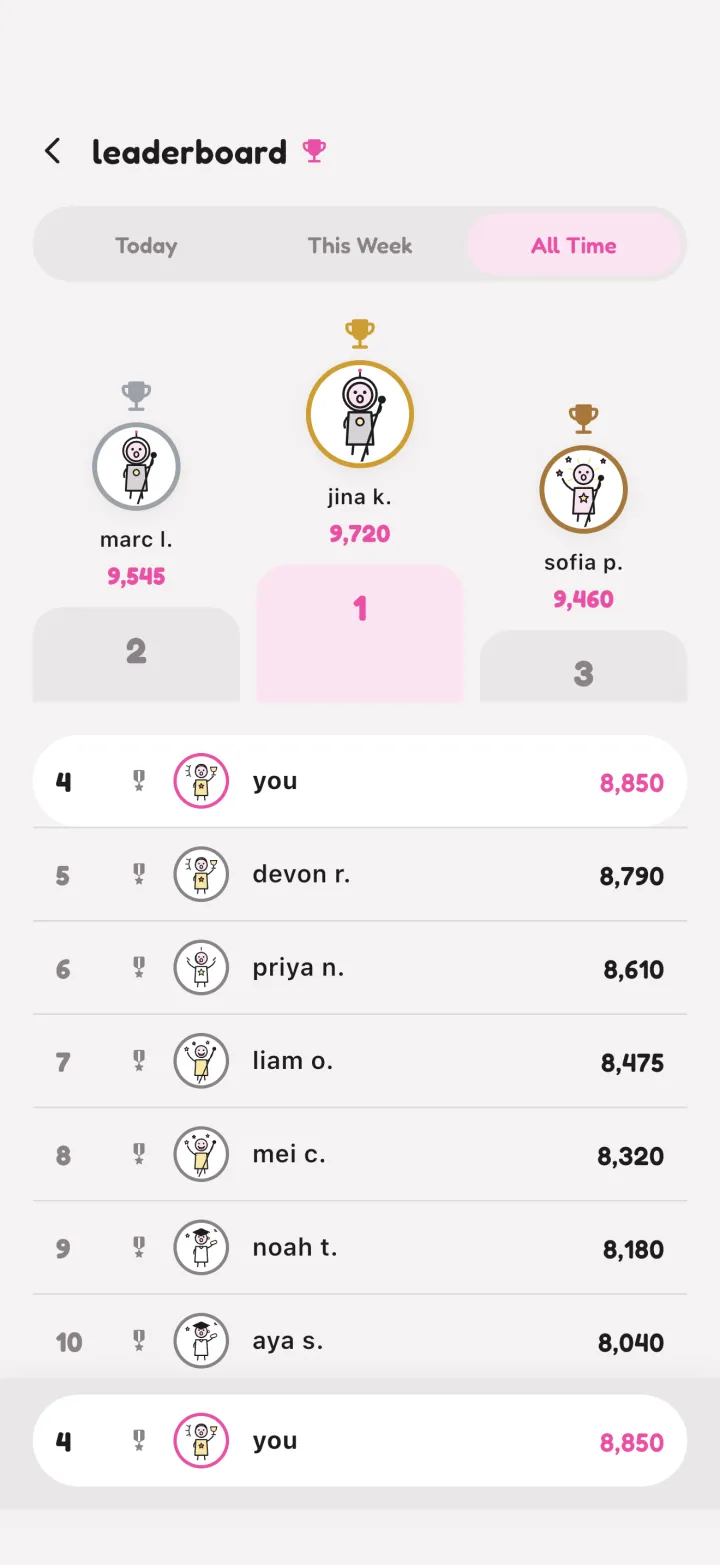 AceSpeak leaderboard ranking speakers by score, showing only names and scores, never anyone's practice.